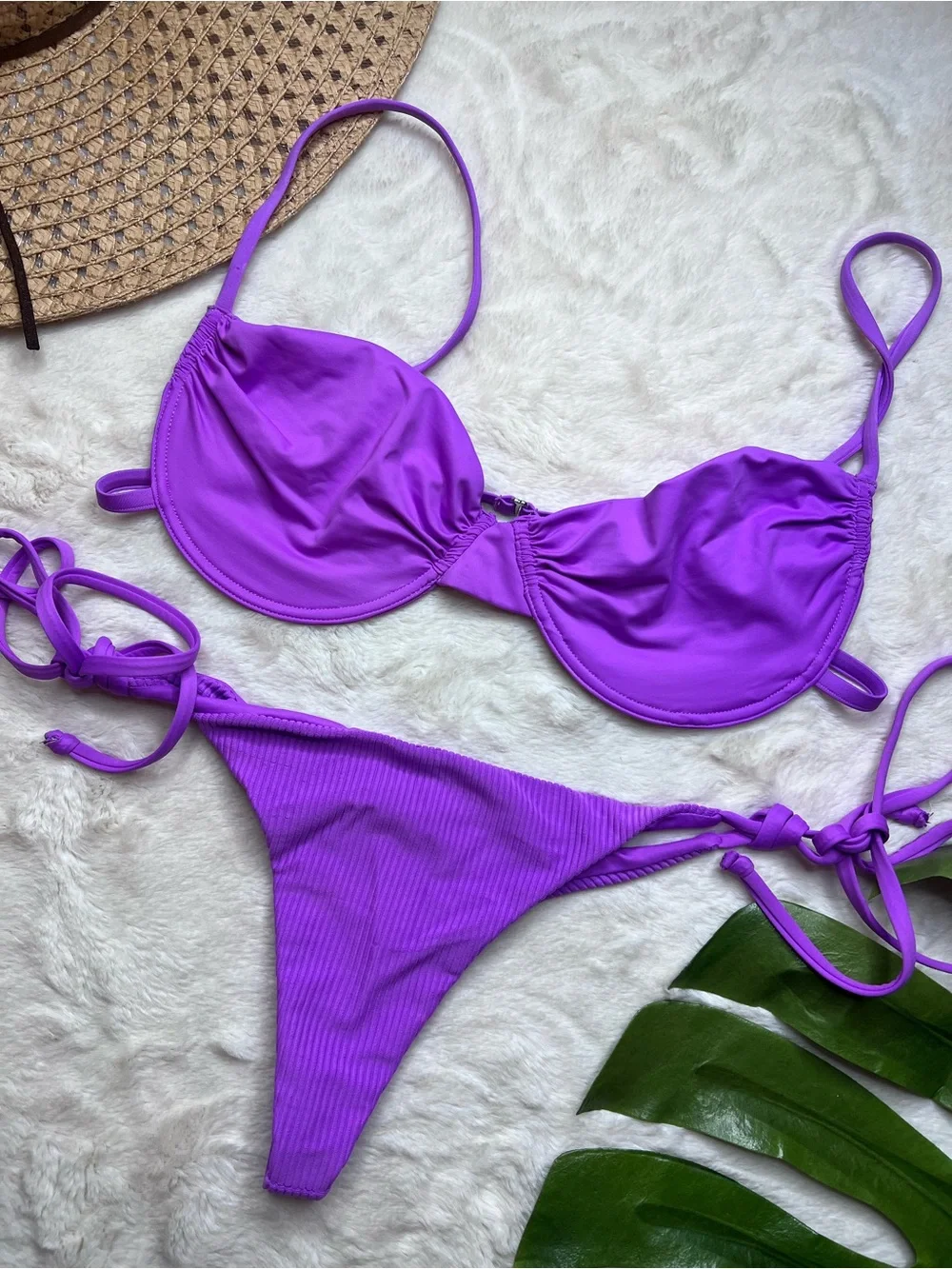 Frankies Bikinis Purple Underwire Bikini Set Ribbed Tie Side Bottoms Large